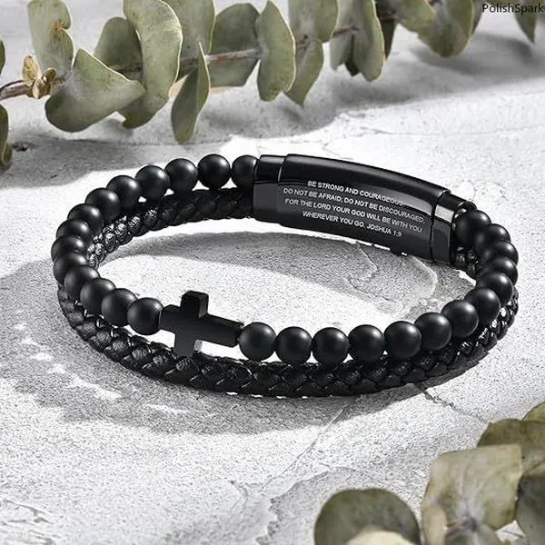 Beaded Bracelets for Women, featuring Black Onyx and a Religious Cross Charm - Elegant Fashion Jewelry Accessory, Women's Fashion, Cross Design, Anniversary, Pvc Beads, Bracelet With Charms, Bohemian Bracelet