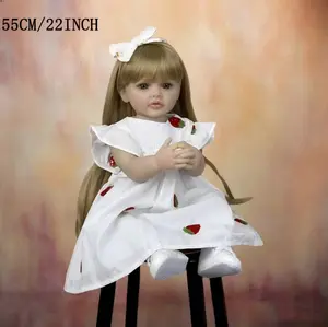 55cm 22inch reborn doll realistic girl with long blonde hair white strawberry print dress and bow headband soft vinyl poseable doll for kids gift