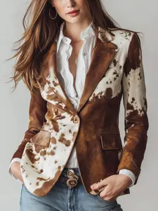 Women's Vintage Fall Western Style Cow Print Patchwork Blazer Jacket, Turn-Down Collar Single-Breasted Fitted Long Sleeve Suit Coat Outerwear