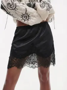 Black Satin Lace Spliced Midi Skirt, Elastic Waist Slimming Hot Girl Pencil Skirt, Sexy Lace Trim Inner Layer Slip Skirt | Suitable for Daily Commute, Date Outfit, Clubbing, Sweater Layering, Vacation Travel Elegance