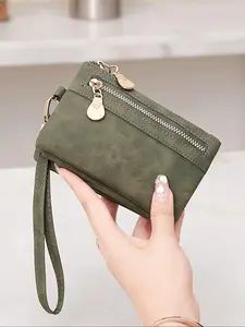Women's Solid Color Zipper Short Wallet, Fashionable PU Leather Card Holder with Wrist Strap, Casual Portable Wallet for Daily Used, Casual Trendy Wallet