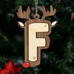Christmas Wooden Reindeer Letter Ornaments -   Alphabet  Decor with Jute String, DIY Name/ Xmas Tree Ornament, Personalized Tag for  Party Decoration (Letter F)