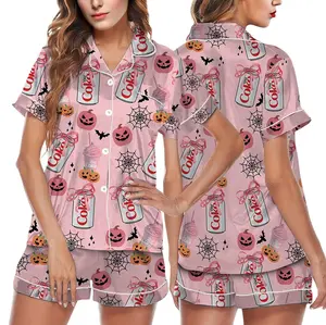 Pumpkin Diet Drink Pajama Set, Halloween Beverage Print Sleepwear, Short Sleeve Satin Top, Elastic Waist Shorts, Cute Lounge Outfit