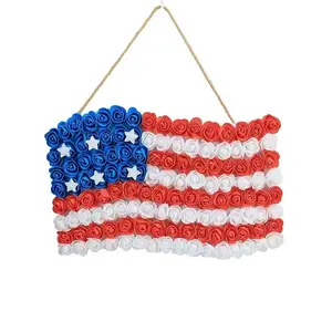 USA Flag Rose Foam Wreath Patriotic Independence Day Decor for Front Door Porch Wall Hanging