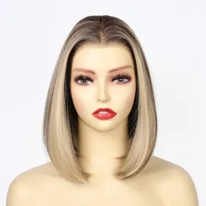 MaxFull Lyra 12" Luxury Dark Ash Brown Bob Wig | Platinum Blonde Chunky Highlights, Y2K Money Piece, Face-Framing Layers, Pre-Cut 13x5 Skin-Melt HD Lace Front, Scandinavian Hairline & Built-In Faux Scalp, Glueless Wear & Go Synthetic Everyday Wig