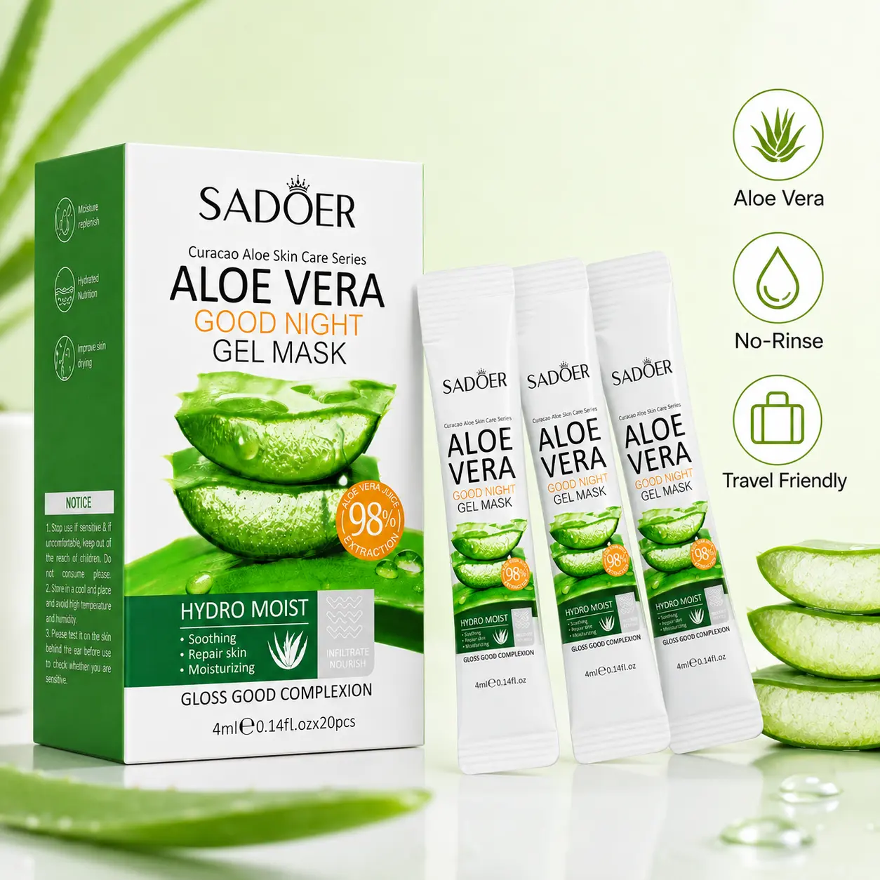 Aloe Vera Good Night Gel Mask, 20 Pack Single-Use Face Masks, Moisturizing Overnight Skincare, Lightweight Gel Texture