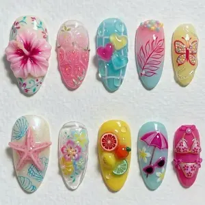 A13 Summer Beach Mix Press-On Nails, 3D Starfish, Fruit and Floral Design, Colorful Vacation Style, Holiday Nails, Gift for Her