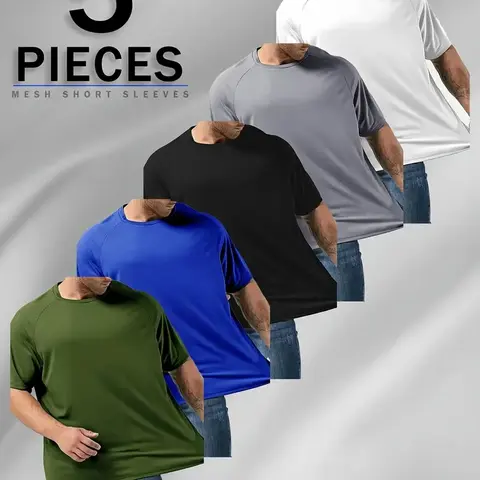Men's 5pcs Plain Solid Active Quick-Dry Sports T-Shirts - Oversized Short-Sleeved, Lightweight, Stretchy All-Seasons Menswear for Athletes, Breathable Male Plus Size (2XL) Fitness Tops