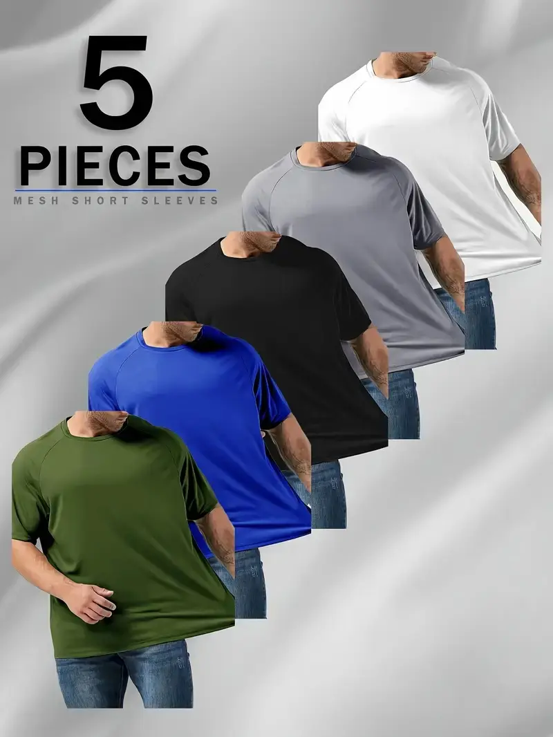 Men's Plus Size 5-Pack Quick Dry Breathable Athletic Apparel, Dry Fit Tech Sporty Sports Tops, Gym & Summer Fitness Workout Shirts Fitted Sportswear Activewear Tees,summerwins