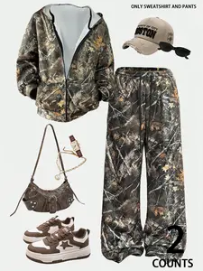Women's 2 Piece Set Casual Comfortable, Trendy City Style, Youthful Travel Wear, Vintage Plant Design, Perfect for Daily Use