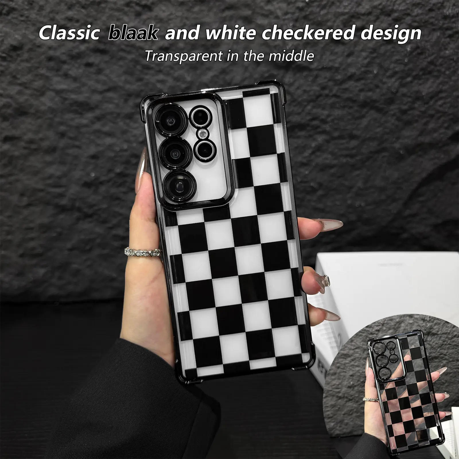 Black Checkered four-corner drop-proof TPU phone Case for Samsung Galaxy S26 S25ultra S24plus S23FE, S22 Drop-Proof Phone Case, Simple and stylish camera protection, shockproof phone cover, DurablePhone Case .HY13B