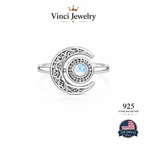 925 sterling silver Celestial Moonstone Crescent Ring for Women – Minimalist Vintage-Inspired Silver Statement Ring Elegant Moon Phase Cosmic Jewelry Adjustable Lightweight Fashion Ring for Everyday Wear Wedding Guest Office & Trave Perfect Gift for Her s