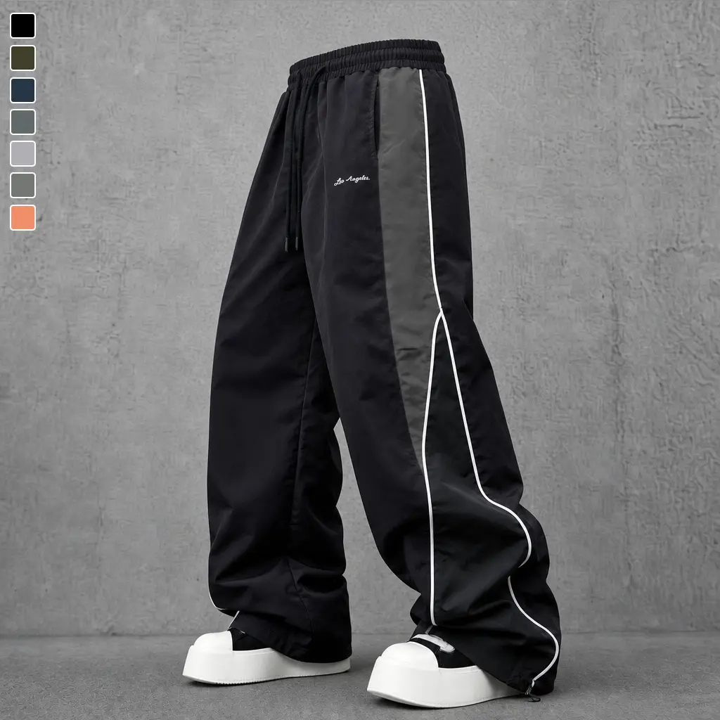 Men’s 3-pack wide-leg casual athletic sweatpants with black side stripe detailing and embroidered lettering, drawstring cuffs, loose fit