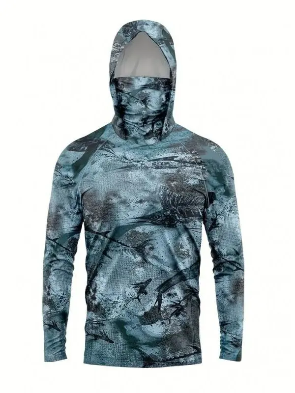Men's Polyester Athletic Apparel, Full Sleeve Hooded Sweatshirt with Face Mask, Quick-Dry Top for Fishing Sports, Fitness Sport Top, Casual Athletic Wear, Male, Outdoor Sport