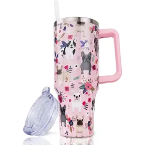 French Bulldog 40 oz Stainless Steel Insulated Tumbler with Handle & Straw Reusable Leak Proof Lid Portable Water Bottle for Dog Lovers Women Gifts, Coffee, Flasks,summervibes