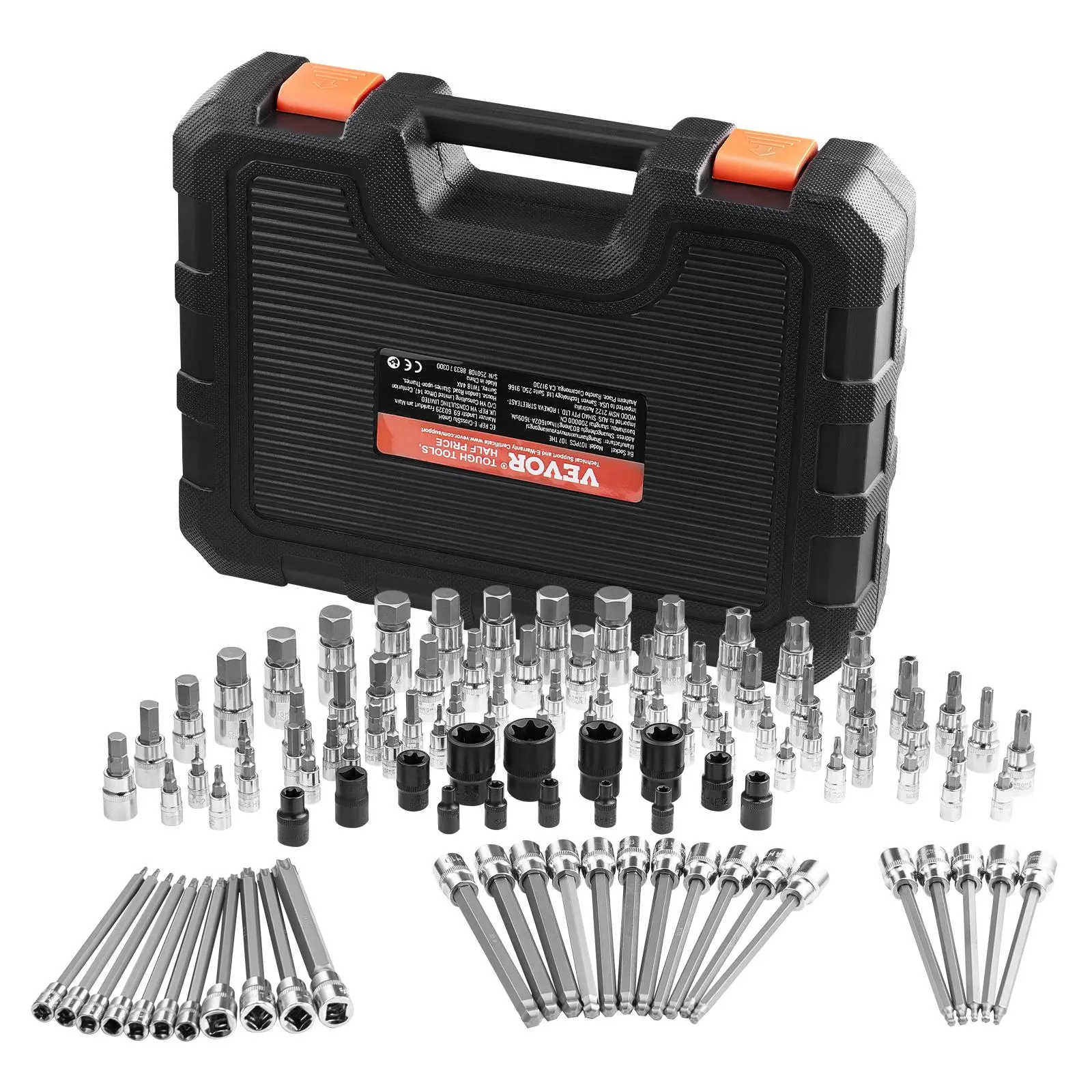 【Summerfinds】VEVOR Bit Socket Set,  , 107-Piece SAE and Metric, Hex/Torx/External Torx/Tamper-Proof/Extra Long, S2 Alloy Steel and Cr-V Steel, 1/4 in, 3/8 in, and 1/2 in Drives, with Enhanced Storage Case, Hand Use