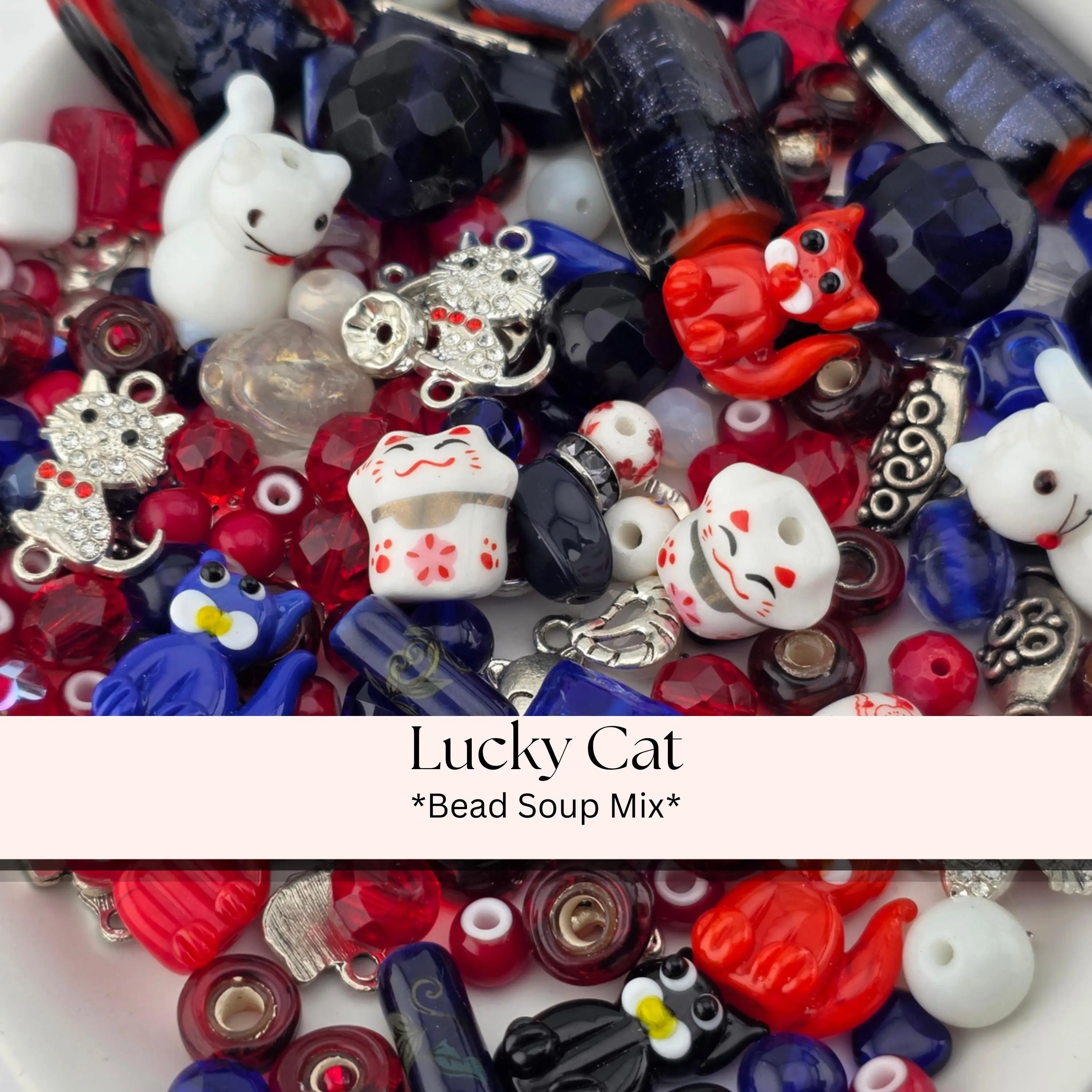 Glass / Ceramic Bead Soup Mix - Lucky Cat | Red, White & Navy Glass / Ceramic Beads | Lucky Cat / Kitten Charms | DIY Jewelry Making Supply