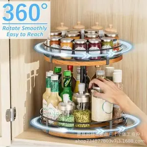 Wooden kitchen seasoning bottle rack double layer iron and wood combination rotatable home bathroom toiletries storage rack