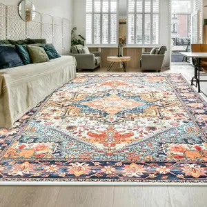 Ultra Luxurious Orange Cashmere imitation Vintage Printed Area Rug ,home decor rug, indoor rug, Washable & Stain-Resistant Carpet for Living Room, Bedroom,Kitchen, Entryway -Vintage Print Design with Non-Slip Backing, Home Decorative Rug Boho Floral Rug