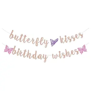 Butterfly Kisses Birthday Wishes Banner, Butterfly First Birthday Party Banner, Butterfly Birthday Party Decorations