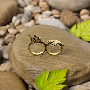 Squirrel & Leaf Motif Ring in Antique Gold, Nature Lovers