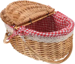 Wicker Insulated Picnic Basket Set for 2 with Liner Split Lid Hand Woven Flower Basket with Folding Handles for Outdoor Picnic Camping