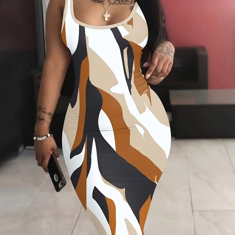 Women's Geometric Color Block Casual Vest Dress, Spring Summer Fitted Butterfly Pattern, Stylish and Comfortable Fashion, Bodycon Smooth Dress, Casual Sleeveless Bodycon, Casual Fashionable Dress