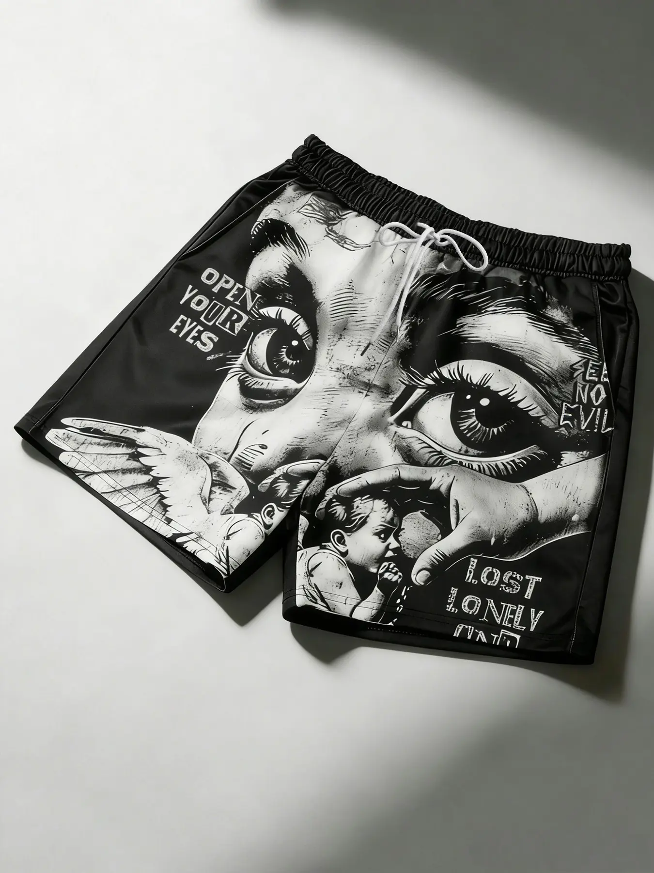 Men’s Dark Grunge Graphic Streetwear Shorts, Black & White "Open Your Eyes" Tattoo Art Print Athletic Shorts, Elastic Waist Quick Dry Drawstring Loose Fit Shorts for Summer Streetwear, Skateboarding & Casual Urban OOTD, Menswear
