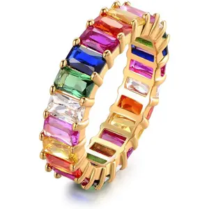 Eternity Rainbow Ring Wedding Band for Women |   18K Gold Plated Emerald-Cut Rainbow Multi Color Created-Gemstone Eternity Ring