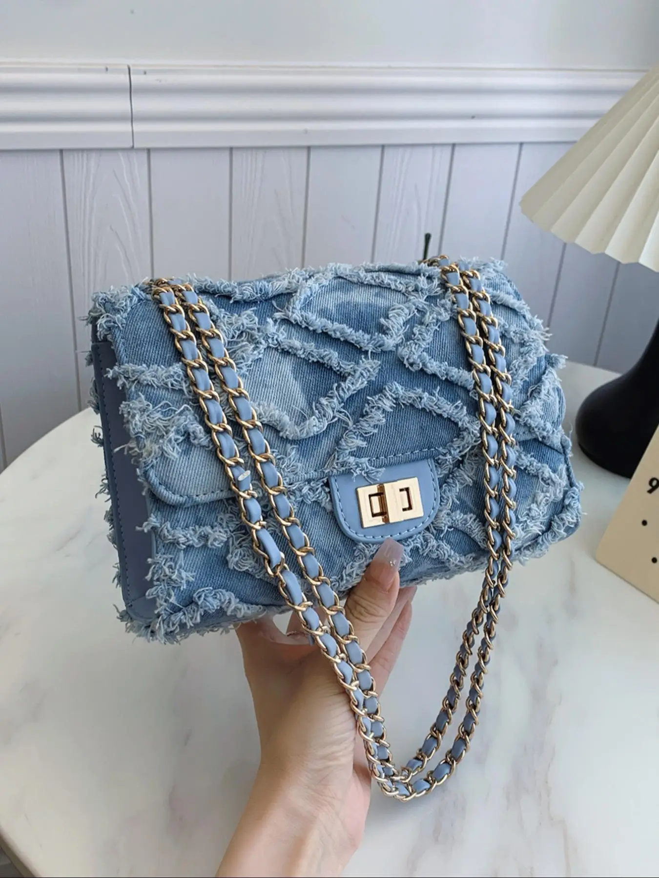 Women's Fashionable Denim Chain Strap Shoulder Bag, Elegant Solid Color Raw Edge Handbag, Trendy All-match Commuter Bag for Daily Used