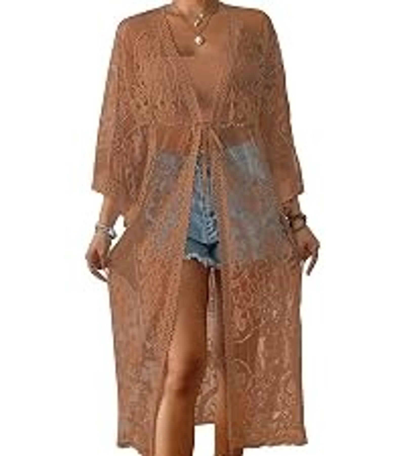 Beach Coverup Women Bathing Suit Tie Front Long Coverups Lace Kimonos Sexy Swimsuit Resort Wear Vacation Essentials