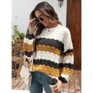 Zaful Ladies new round neck long sleeve striped color matching loose knit pullover