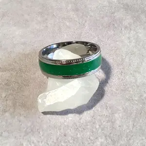 Stainless Steel Ring with Glittery Green to Lime Color Changing Resin Inlay in Multiple Sizes