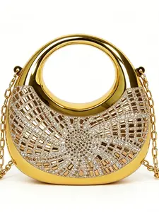 Unique Metal Ring Rhinestone Bag, Mirror Shiny Evening Purse, Chain Crossbody for Party Outfits