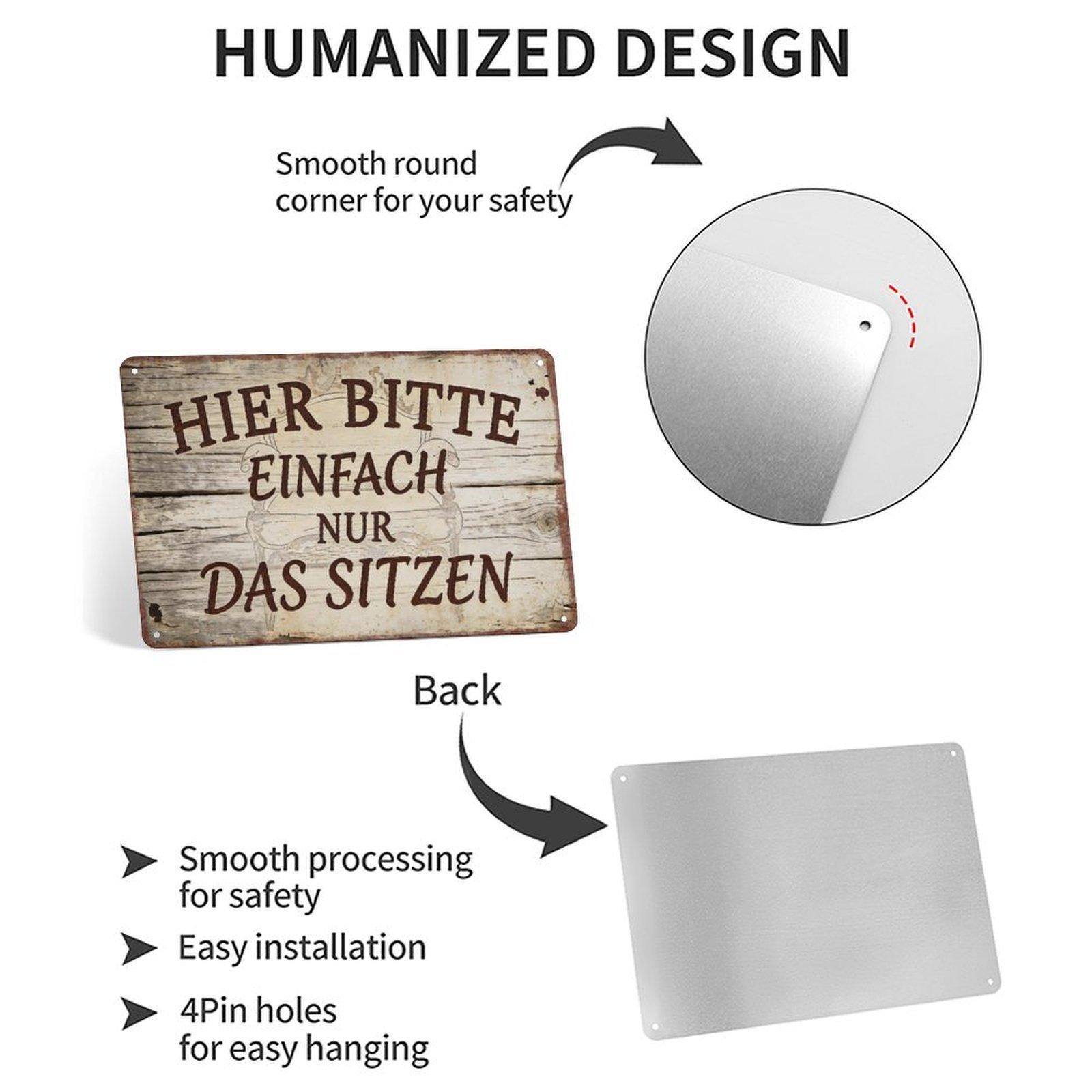 Funny German Hier Bitte Einfach Nur Das Sitzen Metal Sign, 8×12 (20×30cm) Vintage Distressed Wood Style Wall Decor, Perfect for Home Bar, Cafe, Living Room, Gift for German Speakers