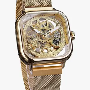 FORSINING Automatic Watches Mechanical Wrist Watch Golden for Mens Skeleton Watches with Stainless Steel Transparent Dial Royal Flower Movement Carving