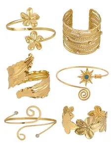 6 Pieces Women's Cuff Jewelry Gold Upper Arm Cuff Bracelet Armband Adjustable Cuff Bracelet Personalized Fashion Sun Moon Armband Set Fashionable Bangle