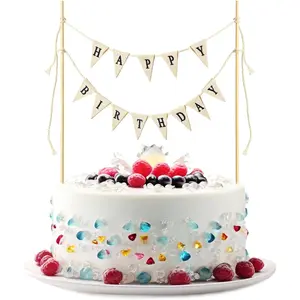 Beige Handmade Happy Birthday Cake Toppers - Banner, Topper, Garland, Sign & Bouquet Topper With Wood Pole