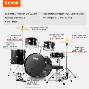 VEVOR Adult Drum Set, 5-Piece, 22 inches Complete Full Size Drum Kit with Bass Toms Snare Floor Drum Adjustable Throne Stands Cymbal Hi-Hat Pedal and Drumsticks, Beginner Drum Kit for Adults, Black