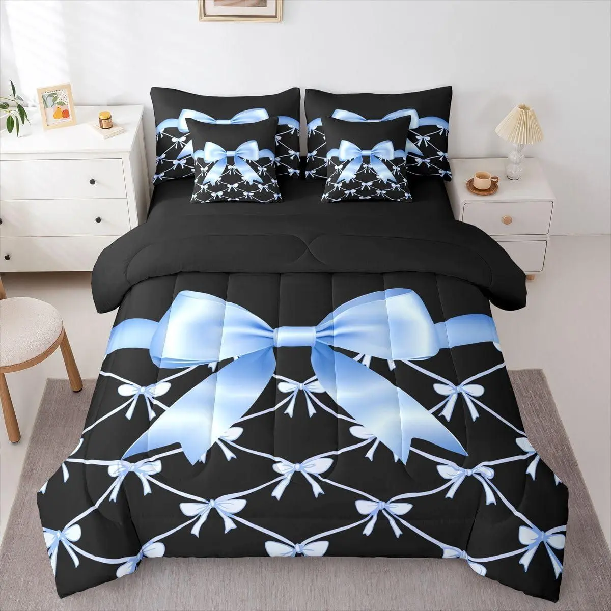 Blue Bow 7 Piece Bedding Set Cute Ribbon Bow Comforter Set with Sheets Black Blue Bed in a Bag Princess Style Bed Set Soft Lightweight