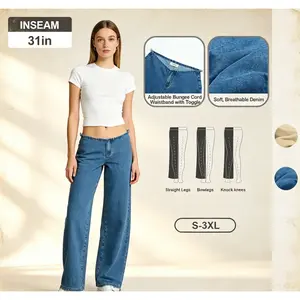 Low-Rise Wide-Leg Jeans - Adjustable Drawstring Waistband/Hem, Relaxed Straight Cut, Soft Daily Wear-Spring Summer Bottom Trouser