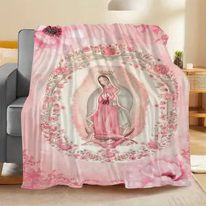 Pink Virgin Mary Blanket Our Lady Guadalupe Catholic Religious Art Soft Flannel Fleece Throw Bedding Coquette Y2K Aesthetic Warm Cozy Couch Sofa Cover Mexican Culture Trendy Decor