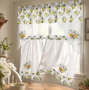 3pcs Kitchen Curtain Set with Lemon Embroidery - Floral Patchwork, Light Filtering Rod Pocket Swag Valance + 2 Tier Panels, Country Farmhouse Style, White