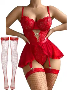 Women Lingerie with Garter Belt 4pcs Set Strappy Lingerie Underwear Womenswear Lace Contrast Mesh Bodysuit Ruffle Garter Belt Skirt With Stockings babydoll for her