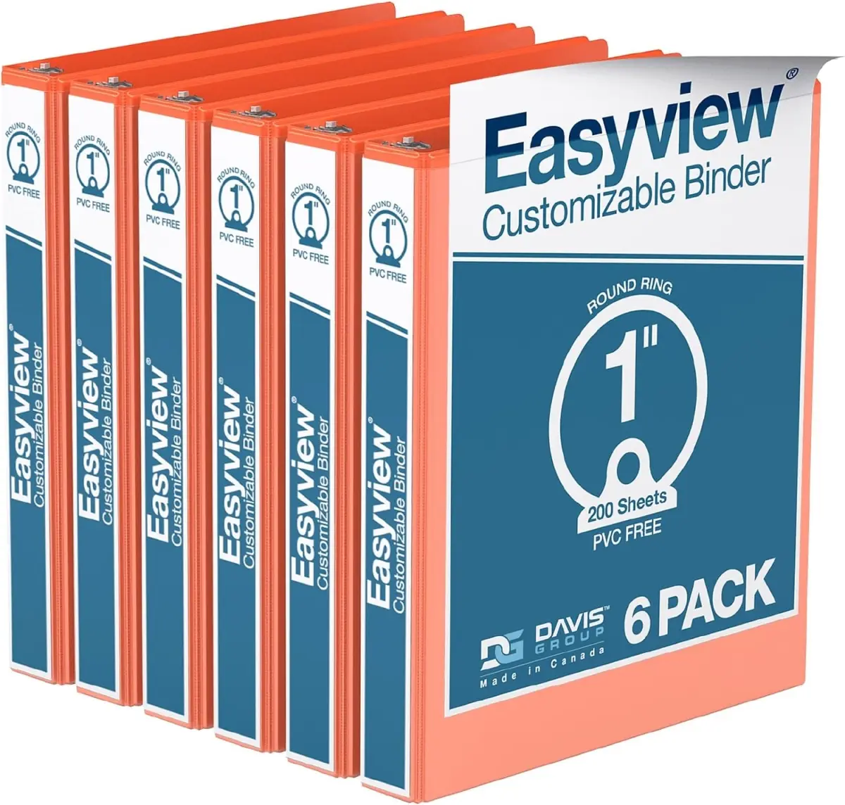 Davis Group Easyview Premium Round Ring Document & Presentation Binder - Customizable, Back-Mounted Rings, 100% Recycled Board, 85% Post-Consumer Waste, Ink Transfer Resistant, Enhanced Durability, PVC-Free Polypropylene, 6-Pack (Orange, 1in) for Reports
