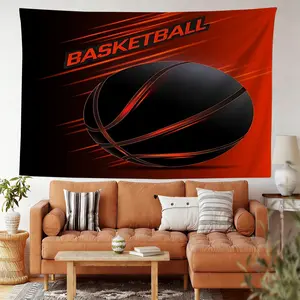 [Digitally Printed Tapestry] Dynamic Basketball Wall Tapestry, Modern Sport Themed Wall Hanging, Vibrant Red & Black Gradient Art, HD Digital Print Decor, Perfect for Bedroom, Living Room & Dorm, Durable Fabric, Easy to Install.