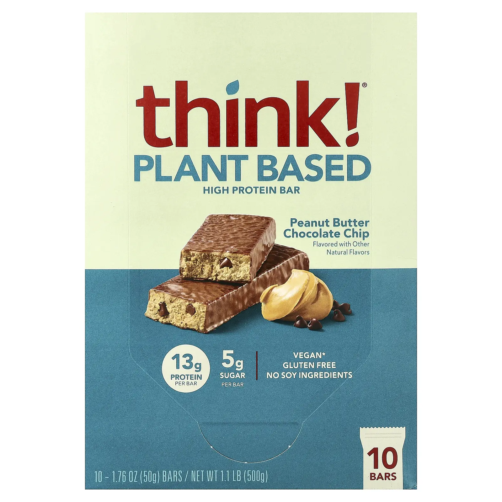 Think ! Plant Based High Protein Bars, Peanut Butter Chocolate Chip, 10 Bars, 1.76 oz (50 g) Each