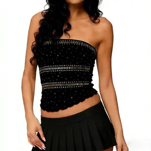 Women Edgy Studded Bandeau Tube Tops Strapless SleevelessFit Studded Decor Summer Going Out Crop Vest
