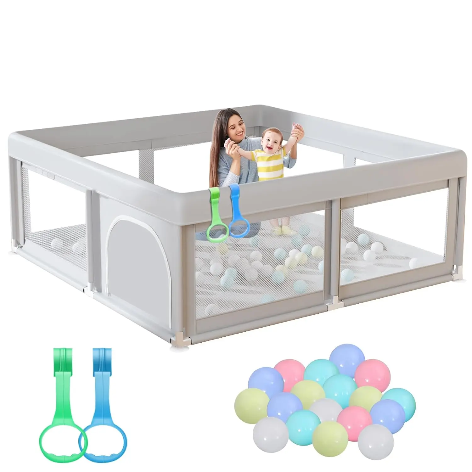 50 x 50 inch Baby Playpen with Ocean Balls and Pull Rings, Playpen for Babies and Toddlers, Baby Fence Playards, Safe Structure and Soft, Skin-Friendly Fabric with Zipper Gates.