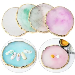 Gold Edge Resin Quartz Mosaic Nail Art Decor Plate, Random Surface Texture, Portable Lightweight Round Mixed Color Palette, Manicure Display Board